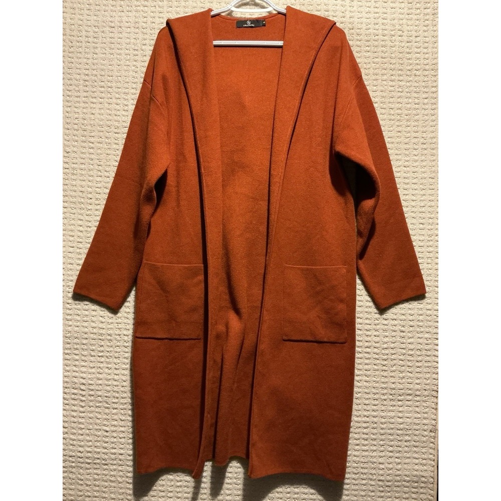 Lillisory Burnt Orange/Pumpkin Long Hooded Cardigan Sweater Small
